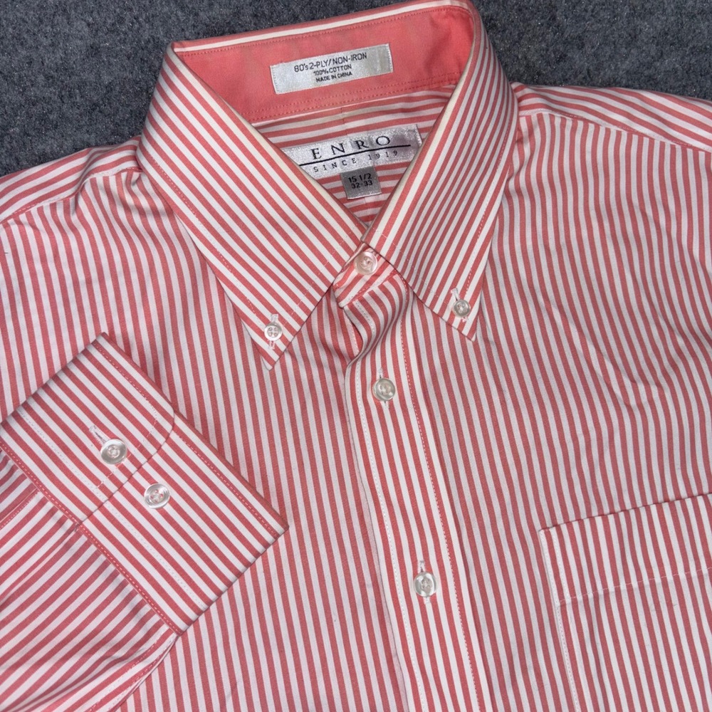 Enro Dress Shirt Mens 15.5 32-33 Red White Striped Long Sleeve Non-Iron Cotton